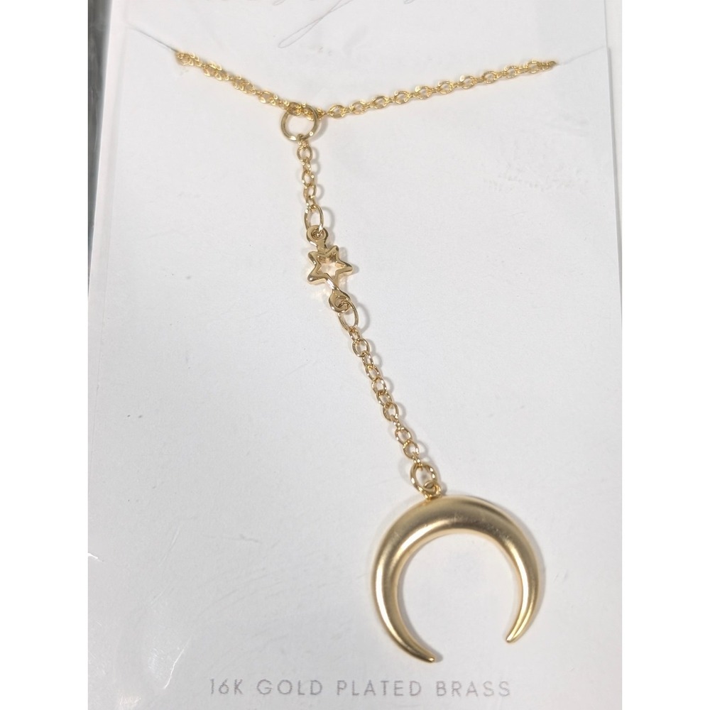 Boho Crescent Moon Star Y-Drop Chain Necklace Gold Tone Matte 20 in